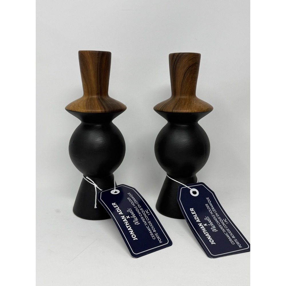 Jonathan Adler X Michaels Ceramic Brown Black Candle Stick Holder Pair NWT